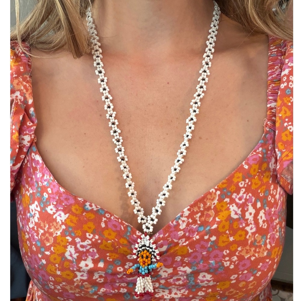 Vintage Beaded Daisy Chain Necklace Doll Figure Native American Seed Bead